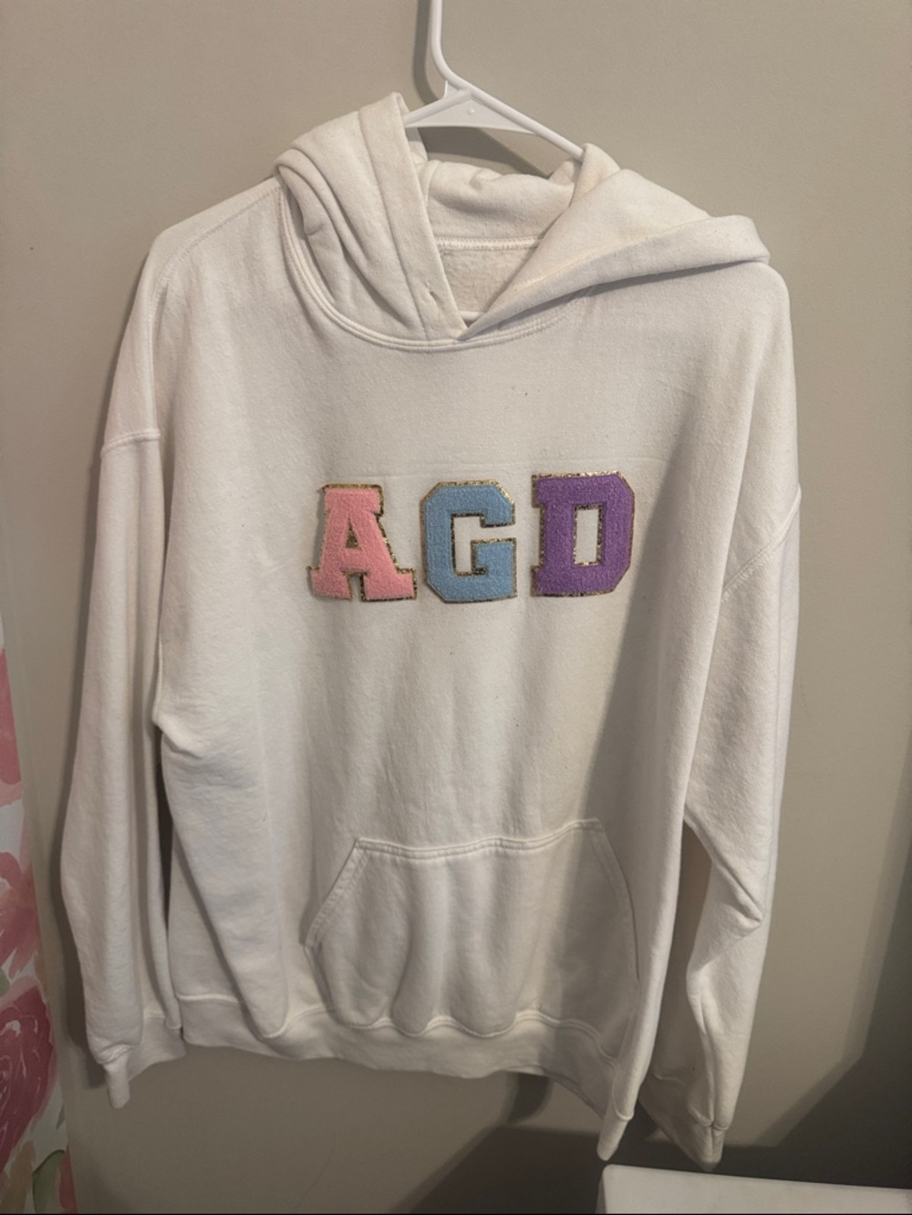 White Alpha Gamma Delta Hoodie with Pink, Blue & Purple Letter Patches